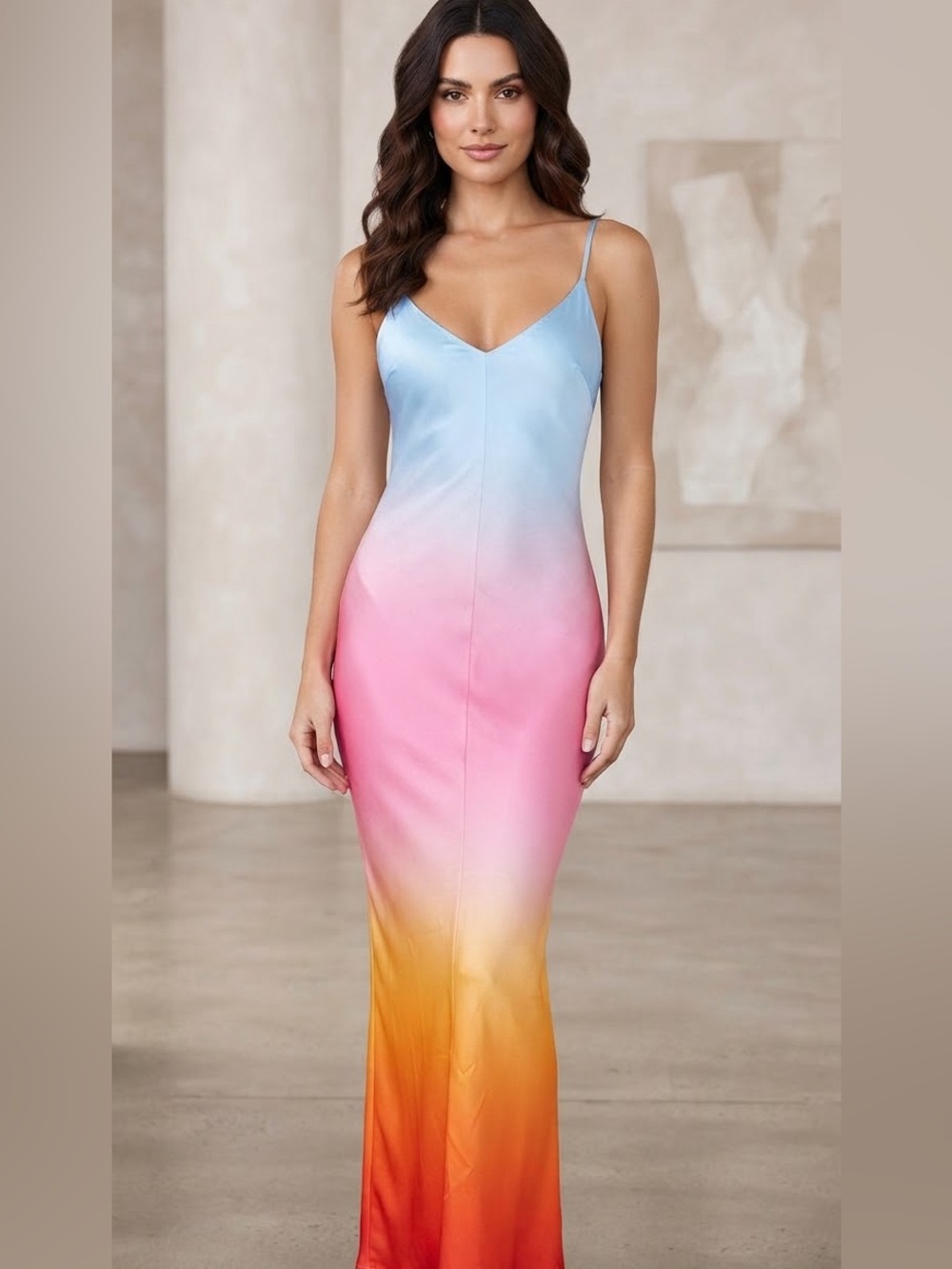 Young Fabulous & Broke Pastel Blue Pink Orange Ombre Tank Maxi Dress Vneck